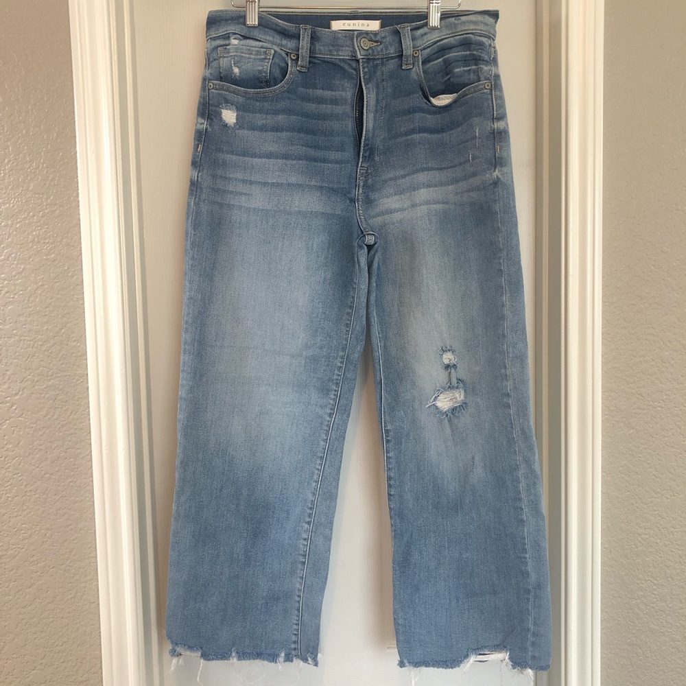 Eunina Light Blue Distressed Wide Leg Cropped Women Jeans